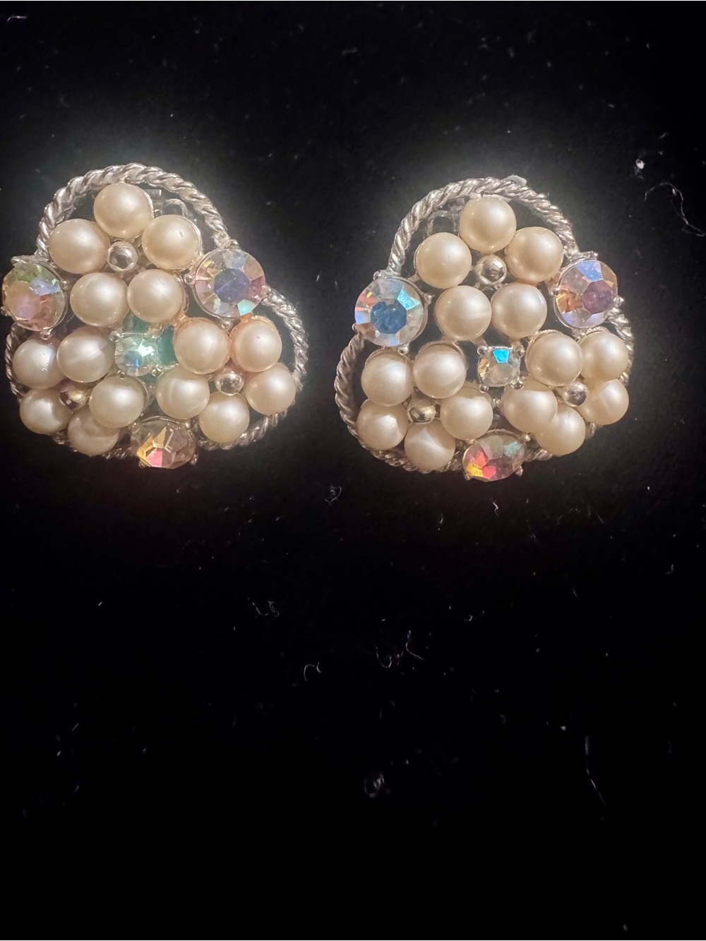 Pearl Cluster Heart Stud Earrings with Aurora Crystal Accents - Cream